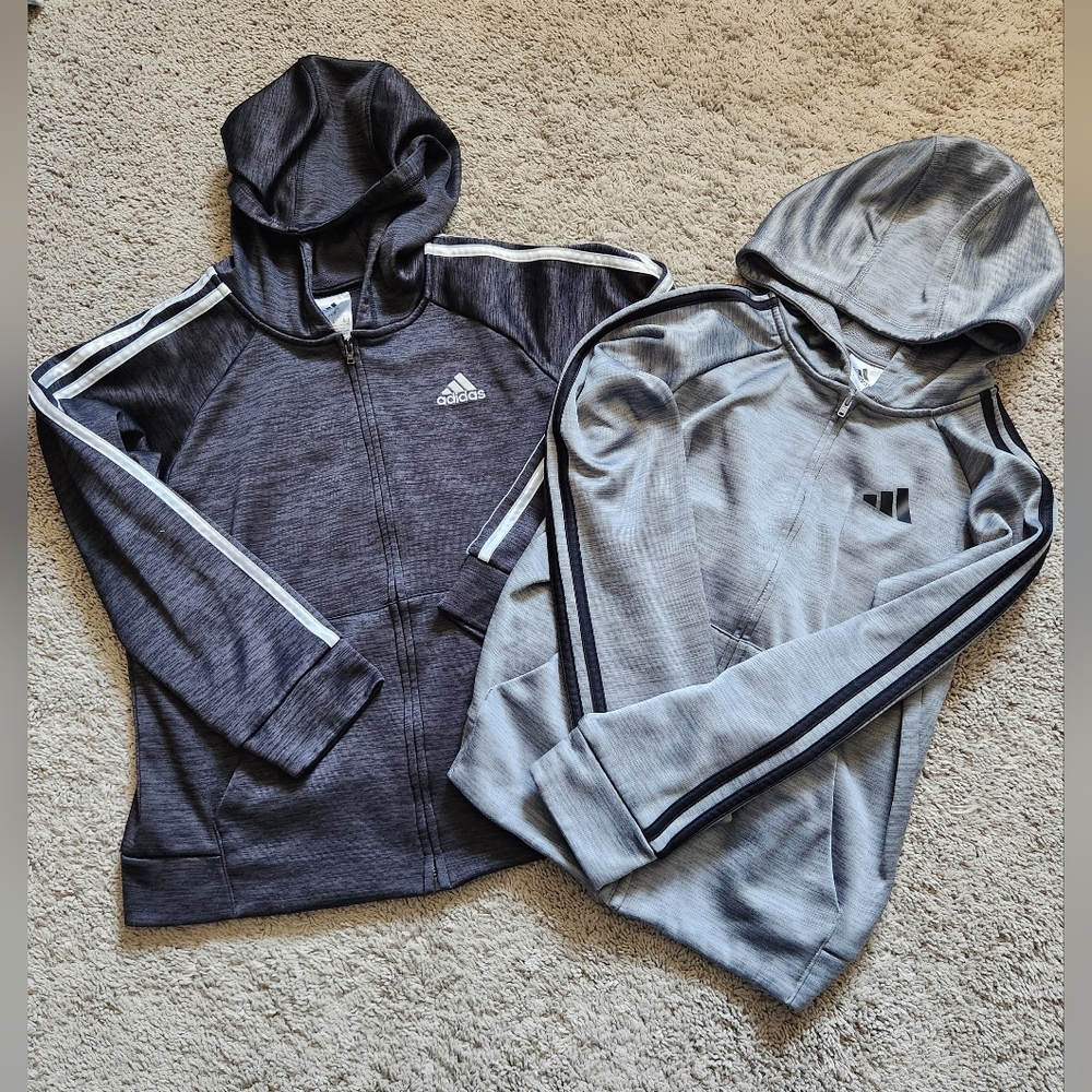 Adidas Gray and Black Hooded Jackets with Iconic Stripes